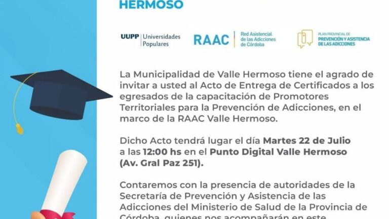 Entregarán certificados del curso «Promotores Territoriales para la Prevención de Adicciones»